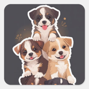 Pegatina Cuadrada Torre de Cachorros - Arte Mascota espantoso