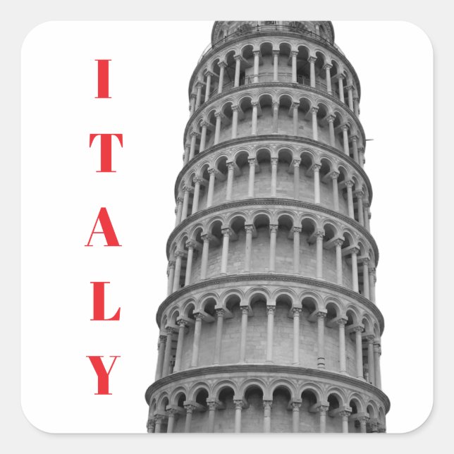 Pegatina Cuadrada Torre de Pisa inclinada en blanco y negro Italia (Anverso)
