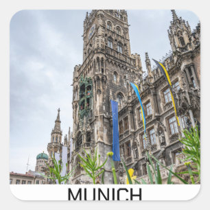 Pegatina Cuadrada Torre del Ayuntamiento de Múnich, Alemania