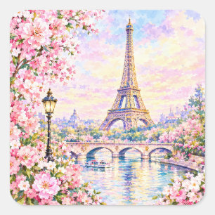 Pegatina Cuadrada Torre Eiffel acuarela París floral rosa francés