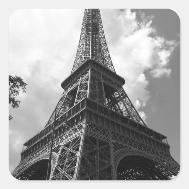 Pegatina Cuadrada Torre Eiffel Blanca y Negra en París (Anverso)