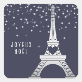 Pegatina Cuadrada Torre Eiffel con Nieve | Feliz Navidad en París