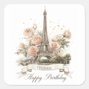 Pegatina Cuadrada Torre Eiffel "cumpleaños feliz" con nombre persona