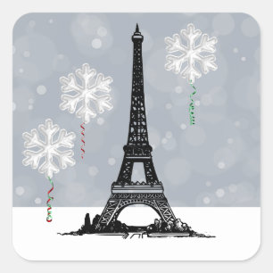 Pegatina Cuadrada Torre Eiffel de Invierno, Navidades de globos de c