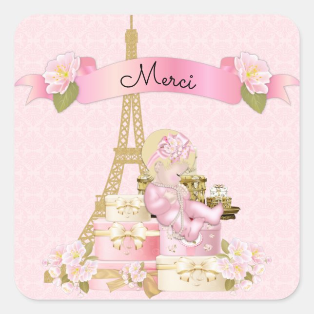 Pegatina Cuadrada Torre Eiffel de París - Bebé de oro rosa (Anverso)