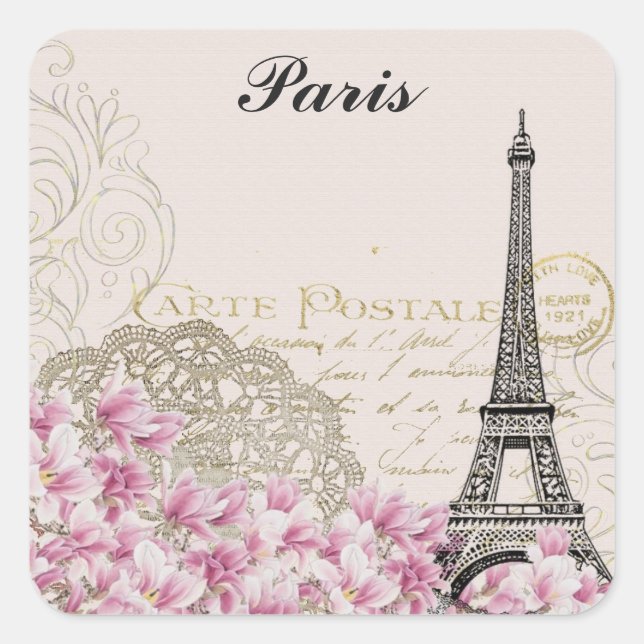 Pegatina Cuadrada Torre Eiffel de París Flores rosas antiguas de Fra (Anverso)