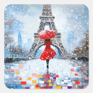 Pegatina Cuadrada Torre Eiffel de París Romance de Invierno Paraguas