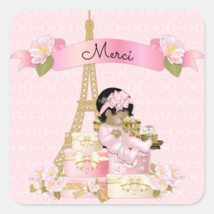 Pegatina Cuadrada Torre Eiffel de París Rosa Oro Niña Étnica
