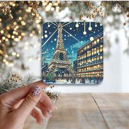 Pegatina Cuadrada Torre Eiffel en París, Francia en tiempo de Navida