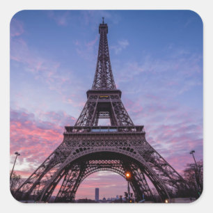 Pegatina Cuadrada Torre Eiffel en París, Francia Púrpura Rosa