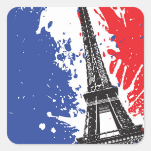 Pegatina Cuadrada Torre Eiffel   París, Francia   Bandera ondulada