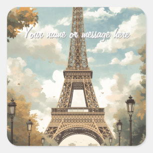 Pegatina Cuadrada Torre Eiffel París Viaje Arte Retro Vintage Nombre