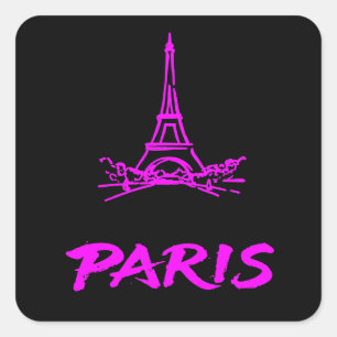 Pegatina Cuadrada Torre Eiffel Rosa Neon París Boceto Moderno
