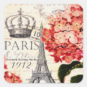 Pegatina Cuadrada Torre Eiffel y hortensia 