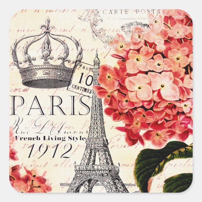 Pegatina Cuadrada Torre Eiffel y hortensia  (Anverso)