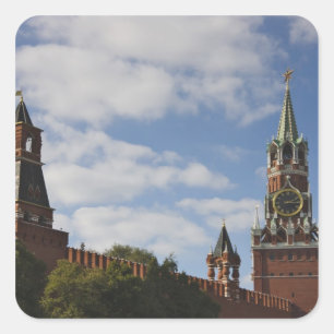 Pegatina Cuadrada Torre Spasskaya en la Plaza Roja, Moscú, Rusia