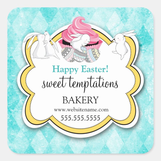Pegatina Cuadrada Torta colorida, conejitos de Pascua (Anverso)