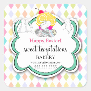 Pegatina Cuadrada Torta colorida Whimsical Easter Bunnies Bakery