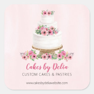 Pegatina Cuadrada Torta de Boda Acuarela Rosa Promocional