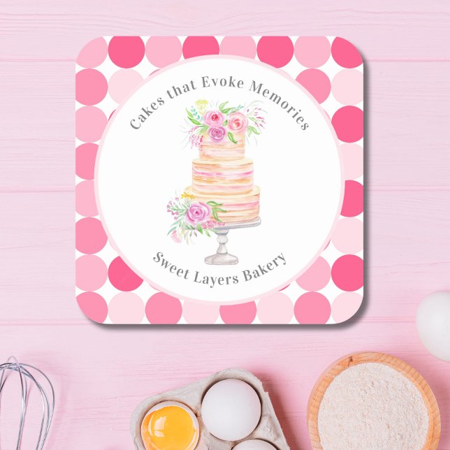 Pegatina Cuadrada Torta De Capas De Acuarela Chic Con Panadería De R (Subido por el creador)