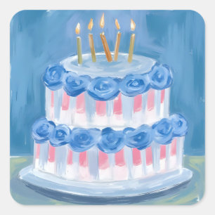 Pegatina Cuadrada Torta De Cumpleaños Azul Celebración De Acuarela F