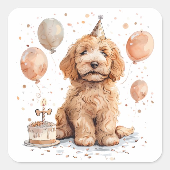 Pegatina Cuadrada Torta de cumpleaños de perro de Goldendoodle (Anverso)