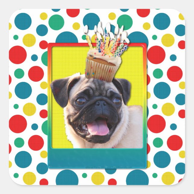 Pegatina Cuadrada Torta de cumpleaños - Pug (Anverso)