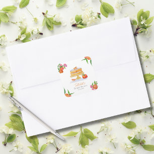 Pegatina Cuadrada Torta De Melocotón Con Flor De Acuarela Invitacion