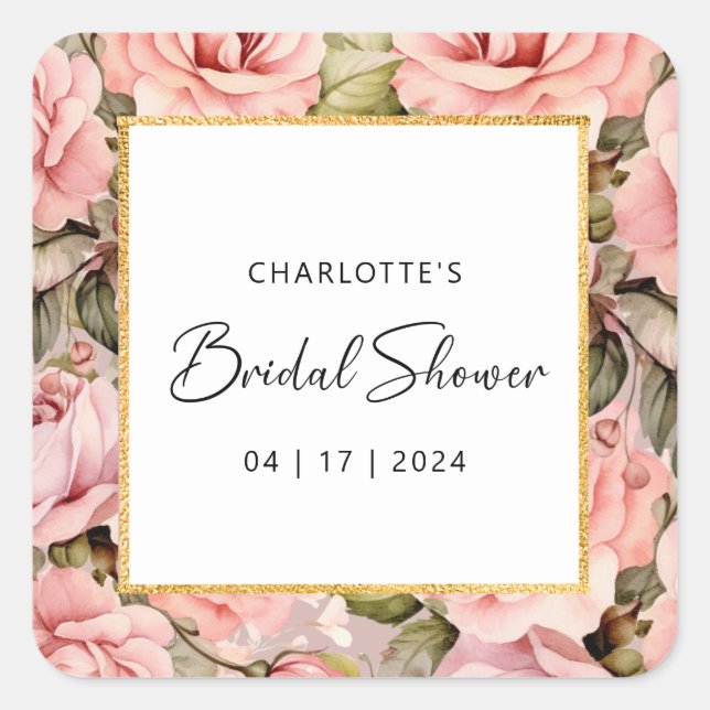 Pegatina Cuadrada Torta Nupcial de Acuarela Floral Rosa Rubor (Anverso)