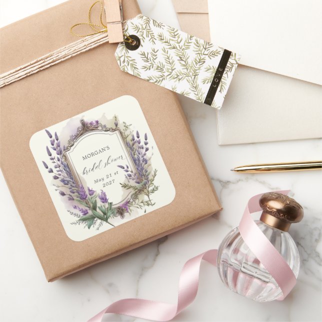 Pegatina Cuadrada Torta Nupcial de Acuarela Lavanda Regia (Regalar)