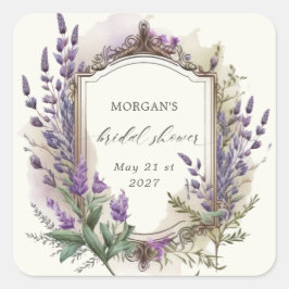 Pegatina Cuadrada Torta Nupcial de Acuarela Lavanda Regia