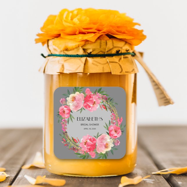 Pegatina Cuadrada Torta nupcial de flores rosadas en acuarela (Subido por el creador)