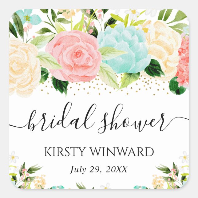 Pegatina Cuadrada Torta nupcial de flores rosadas y menta acuarela (Anverso)