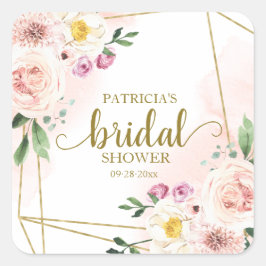 Pegatina Cuadrada Torta nupcial floral rosa dorado geométrico