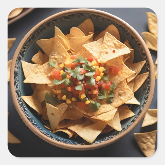 Pegatina Cuadrada Tortilla frita con salsa en un bol (Anverso)
