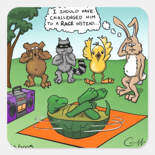 Pegatina Cuadrada Tortoise y la liebre revivida (Anverso)