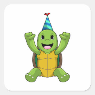 Pegatina Cuadrada Tortuga al cumpleaños con gorra Fiesta