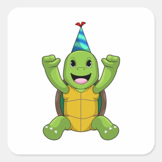 Pegatina Cuadrada Tortuga al cumpleaños con gorra Fiesta (Anverso)