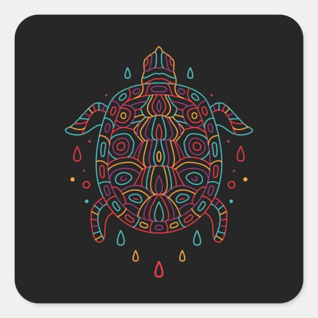 Pegatina Cuadrada Tortuga colorida (Anverso)