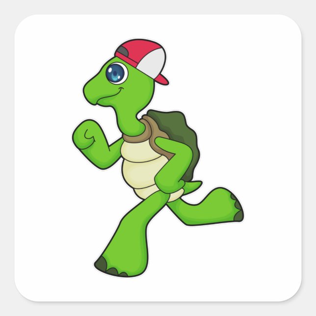 Pegatina Cuadrada Tortuga como corredora con gorra (Anverso)