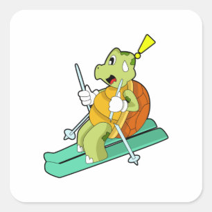 Pegatina Cuadrada Tortuga como esquiadora con esquí