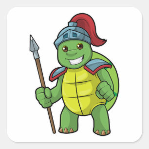 Pegatina Cuadrada Tortuga como guerrera con Spear y Helmet