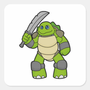 Pegatina Cuadrada Tortuga como guerrero con espada