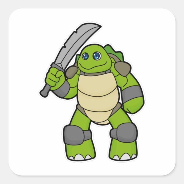Pegatina Cuadrada Tortuga como guerrero con espada (Anverso)