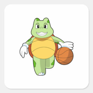 Pegatina Cuadrada Tortuga como jugador de baloncesto con baloncesto.