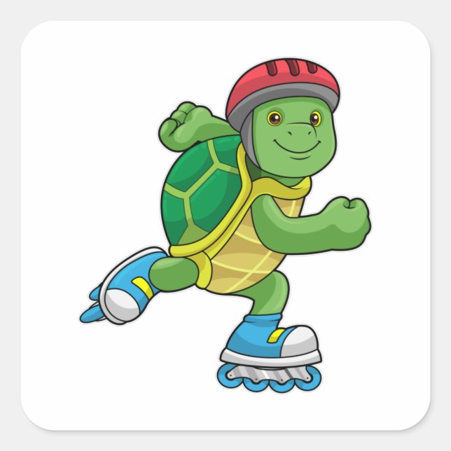 Pegatina Cuadrada Tortuga como patinadora con patines en línea y cas (Anverso)