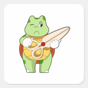 Pegatina Cuadrada Tortuga como peluquero con tijeras