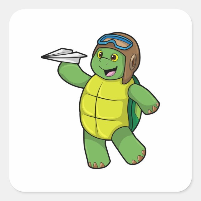 Pegatina Cuadrada Tortuga como piloto con plano de papel (Anverso)