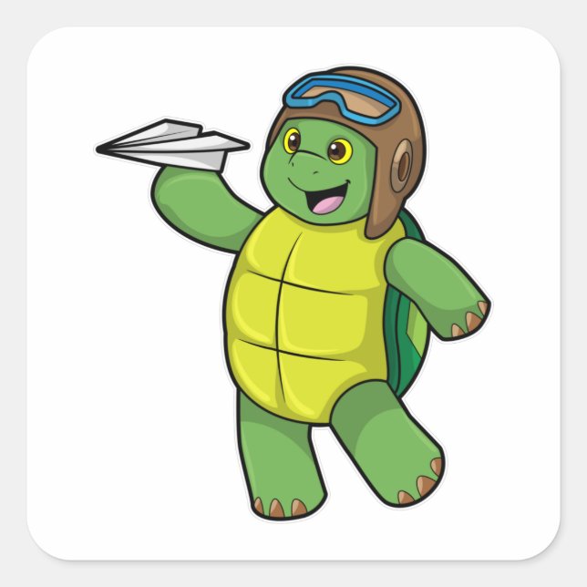 Pegatina Cuadrada Tortuga como piloto con plano de papel (Anverso)