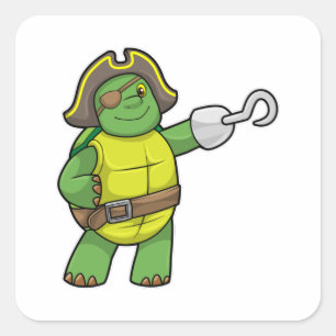 Pegatina Cuadrada Tortuga como pirata con mango y parche de ojos eng